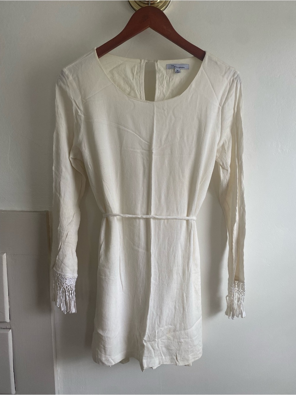 Cream Gauzy Minidress with Crochet Fringe Cuffs